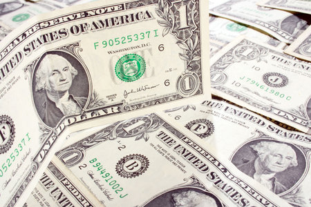 dollar is standing among lying banknotes