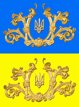 Golden Ukrainian coat of arms, seal or national emblem and ornament around it isolated on blue and yellow background - Ukrainian flag colorsの写真素材