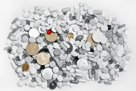 Lot of black and white pills and colored ukrainian money.