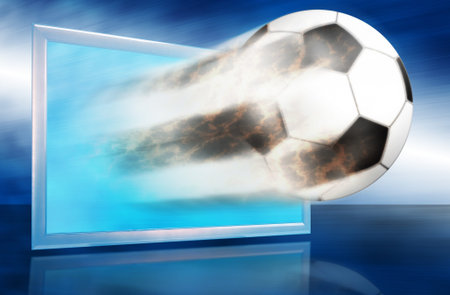 Football ball go out through the blue screen. 