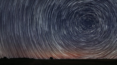 Beautiful Star Trails over filed with lonely tree. Beautiful night sky.の写真素材