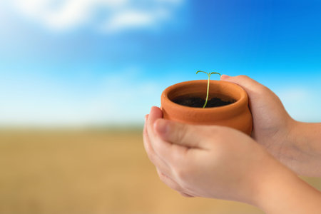 Child hands holding potted young plant over nature background