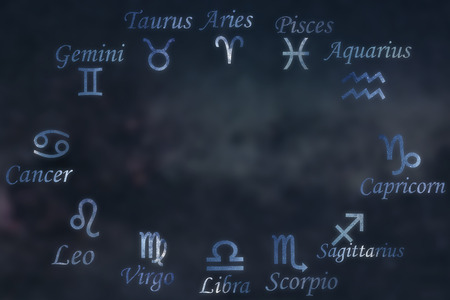 Zodiac constellations Cancer, Pisces, Aquarius, Capricorn, Sagittarius, Scorpio, Libra, Virgo, Leo, Gemini, Taurus, Aries. Galaxy backgroundの写真素材