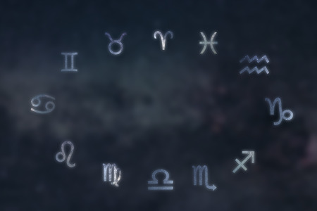 Zodiac constellations Cancer, Pisces, Aquarius, Capricorn, Sagittarius, Scorpio, Libra, Virgo, Leo, Gemini, Taurus, Aries. Galaxy backgroundの写真素材