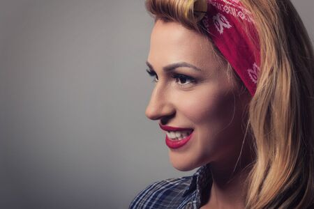 Pin up Blonde girl retro style. Blond model vintage conceptの写真素材