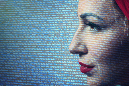 Close-up of woman Digital Surveillance. Security technology concept.の写真素材