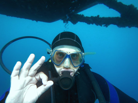 Scuba diver underwater showing OK signal