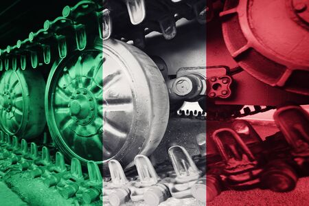 Military tank close-up Caterpillar Track with Italian flag Background.の写真素材