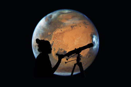 Girl looking at the stars with telescope. Mars planet, isolated on black.Elements of this image are furnished by NASA.の写真素材
