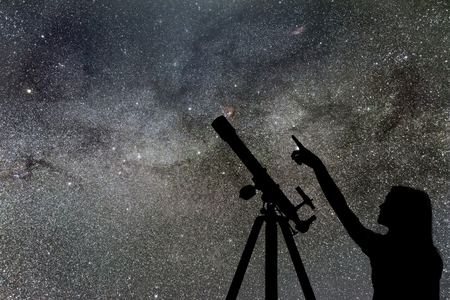 Girl looking at the stars. Telescope Milky Way