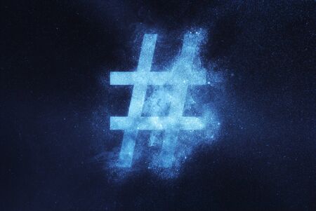Hashtag sign, Hashtag symbol. Abstract night sky backgroundの写真素材