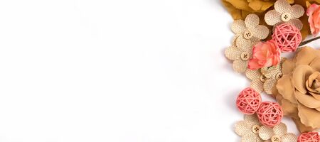 Colorful decoration artificial flower isolated on white background. Flat lay background. Copy space.の写真素材