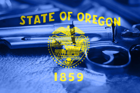 Oregon flag (U.S. state) Gun Control USA. United States Gun Laws.