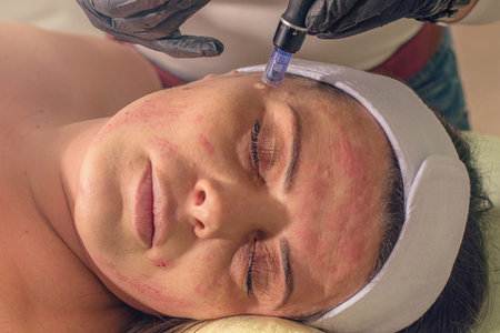 Needle mesotherapy treatment on a woman face. 