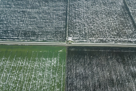 Top view of agricultural green and brown fields covered with snow. 