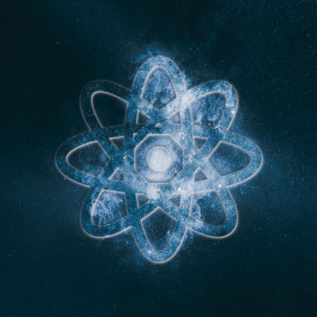 Atom symbol. Abstract night sky background
