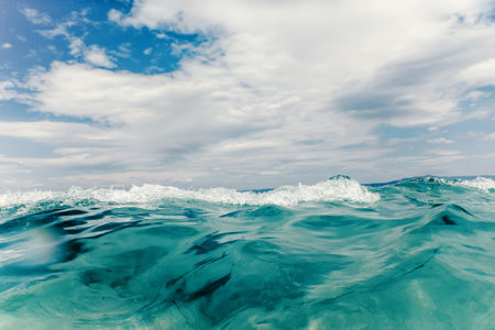 Sea wave close up, low angle view water background