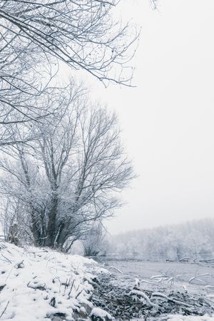 Frozen lake in winter, Winter lake scene reflecting in the waterの写真素材