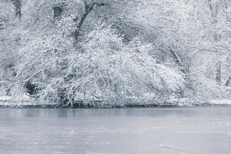Frozen lake in winter, Winter lake sceneの写真素材