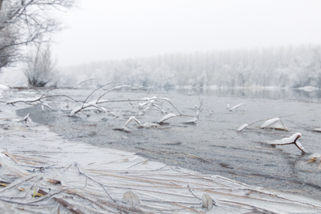 Frozen lake in winter, Winter lake sceneの写真素材