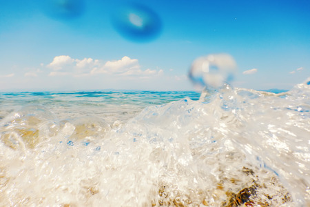 Sea wave close up, low angle view water backgroundの写真素材