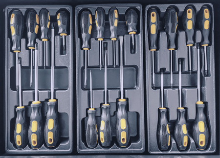 Set of Screwdrivers inside Toolbox, Screwdrivers Set, Box with Set of Tools, Set Mechanical Tools.の写真素材