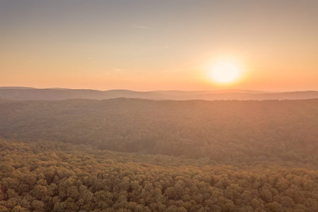 Sunset over Autumn forest. Aerial view autumn landscape