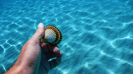 Hand Holding Beautiful Seashell Underwater. Summer vacation backdrop with sea shell in the hand