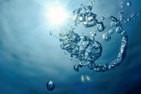 Underwater Air Bubbles with Sunlight. Underwater Background Air Bubbles
