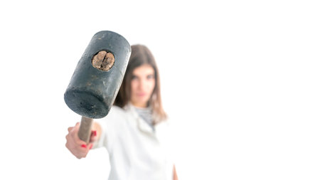 Woman Hand Holding Hammer on white background