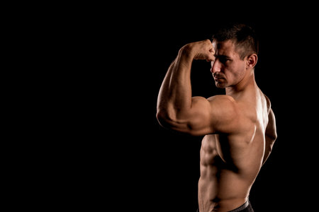 Bodybuilder Posing, Sporty Guy Male Power, Fitness Muscled Man, Spot Concept Copy Space, Dark...