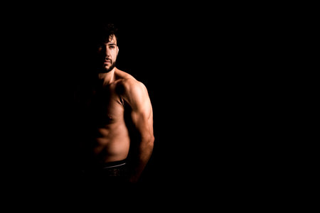 Bodybuilder Posing, Sporty Guy Male Power, Fitness Muscled Man, Spot Concept Copy Space, Dark...