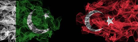 Flags of Pakistan and Turkey on Black background, Pakistan vs Turkey Smoke Flagsの写真素材