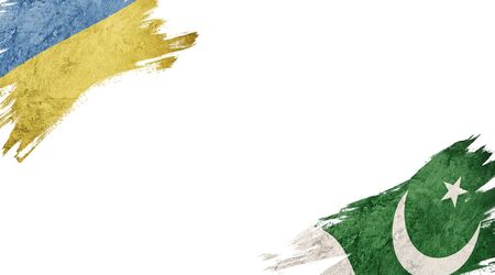Flags of Ukraine and Pakistan on white backgroundの写真素材