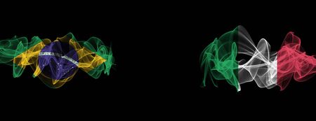 Flags of Brazil and Italy on Black background, Brazil vs Italy Smoke Flagsの写真素材