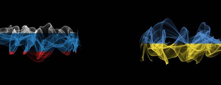 Flags of Russia and Ukraine on Black background, Russia vs Ukraine Smoke Flagsの写真素材