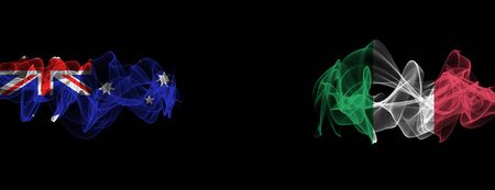 Flags of Australia and Italy on Black background, Australia vs Italy Smoke Flagsの写真素材
