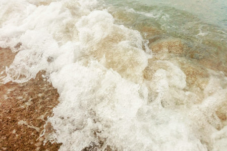 Wave of blue ocean on sandy beach close up Summer Background