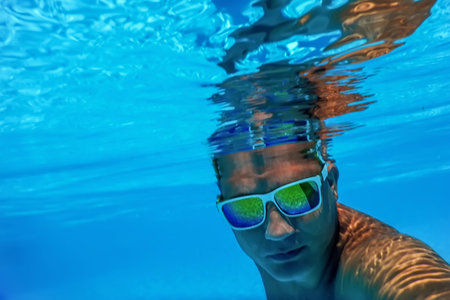 Pool Summer Party, Man with Sunglasses Underwater in Swimming Pool
