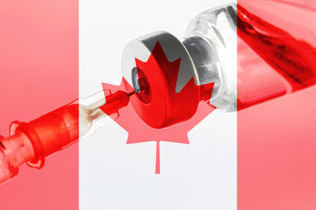Canada Vaccination, Coronavirus, Covid-19,Sars-Cov-2, Canada flag, Vaccine vial dose, needle syringe, concept vaccination, disease care, prevention immunizationの写真素材