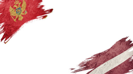 Flags of Montenegro and Latvia on white backgroundの写真素材