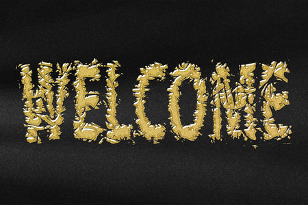 Welcome poster, WELCOME letters banner, Greeting card, abstract gold with black backgroundの写真素材