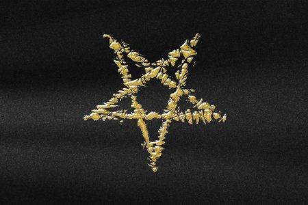 Reversed Pentagram symbol, Satanic sign, abstract gold with black backgroundの写真素材