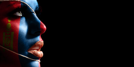 Mongolia flag painted on a face of a young woman, national flag on faceの写真素材