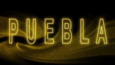 Puebla Gold glitter lettering, Puebla Tourism and travel, Creative typography text banner, on black...