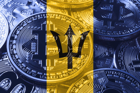 Barbados bitcoin flag, national flag cryptocurrency concept black backgroundの写真素材