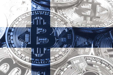 Finland bitcoin flag, national flag cryptocurrency concept black backgroundの写真素材