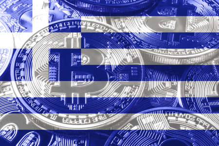 Greece bitcoin flag, national flag cryptocurrency concept black backgroundの写真素材