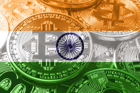 India bitcoin flag, national flag cryptocurrency concept black backgroundの写真素材