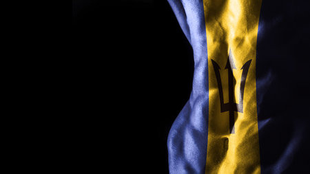 Barbados flag on abs muscles national sport workout, bodybuilding concept, black backgroundの写真素材